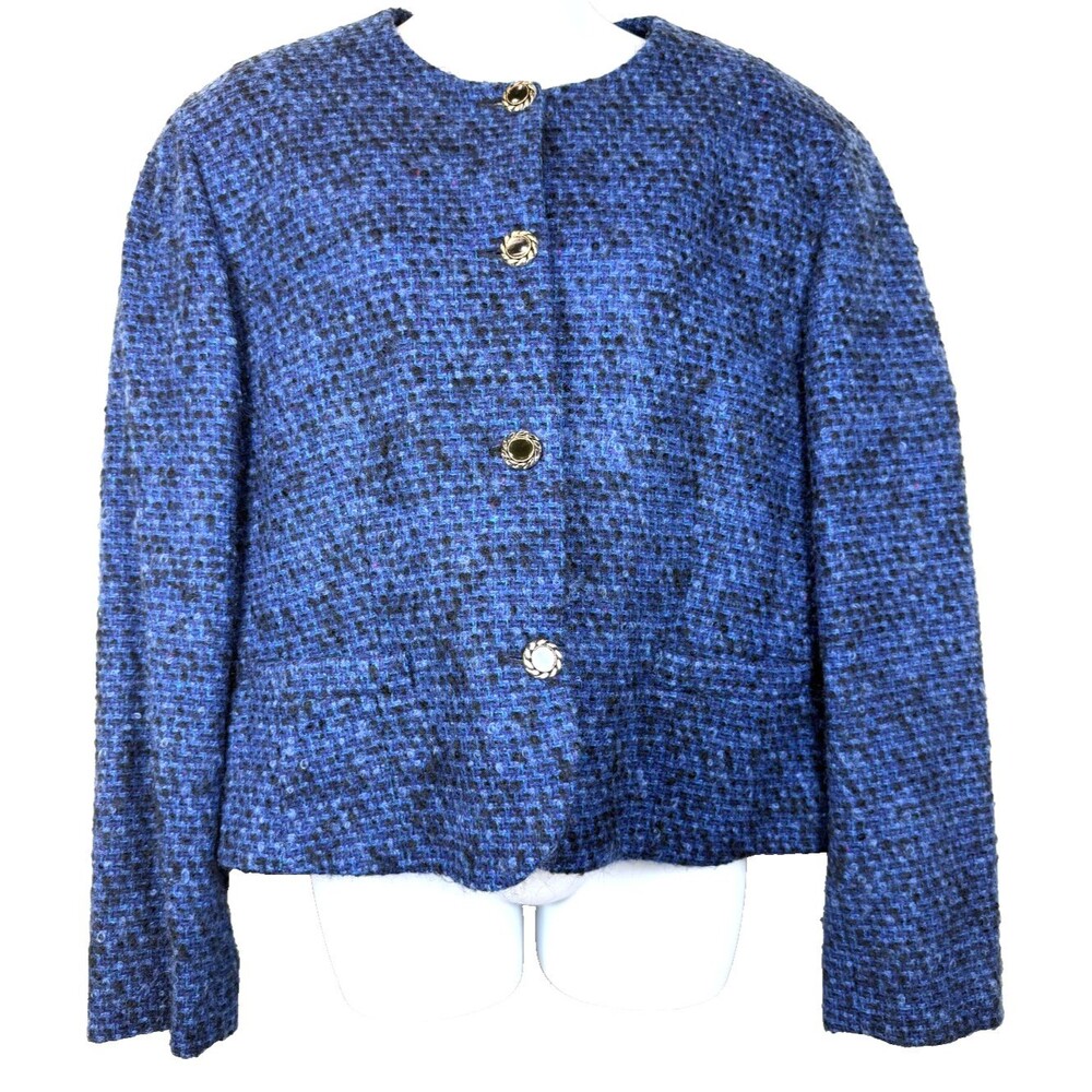 Vintage Pendleton Wool Jacket Blue Black Tweed Boucle Box Crop Large 12 14